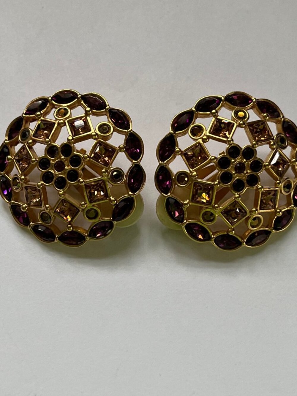 Vintage Signed Jeweled SWAROVSKI Clip Back Earrings Topaz Amethyst Stone Cluster